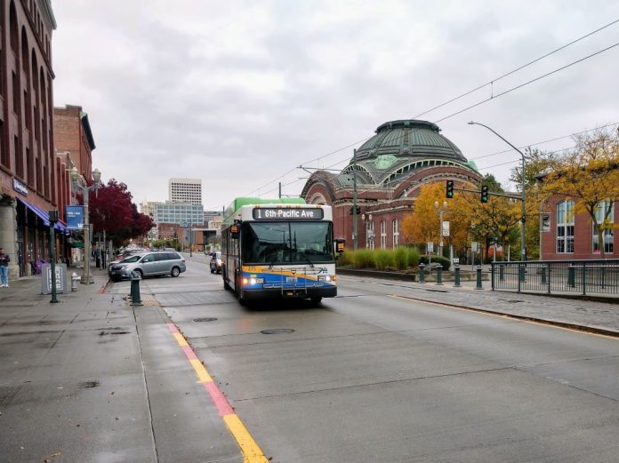 A 1 Line bus next to Union Station in downtown Tacoma.