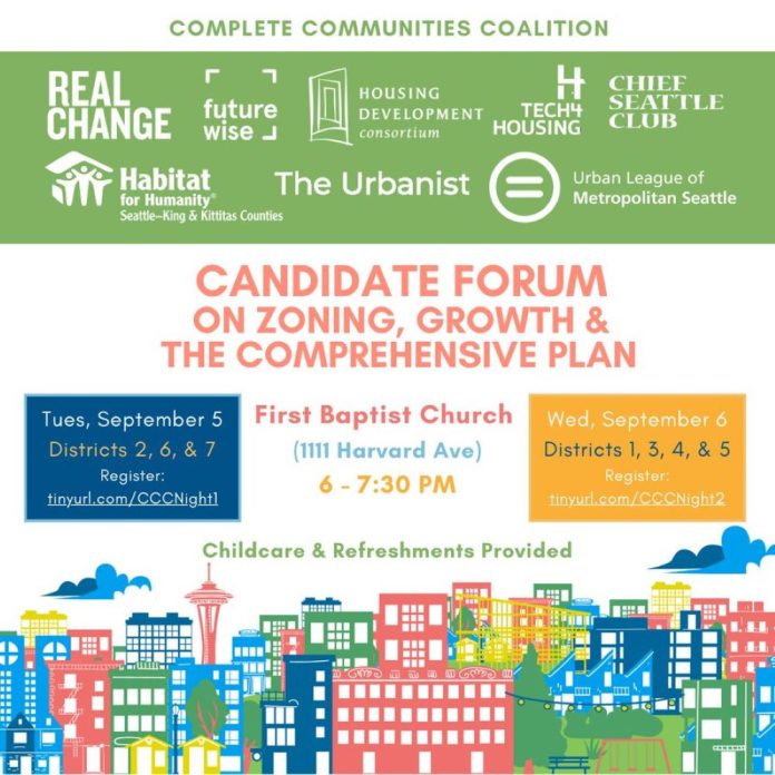 CCC forums flyer 1000px A "Candidate Forum on Zoning, Growth, and the Comprehensive Plan" graphic includes a skyline sketch of Seattle and the logos of CCC members.
