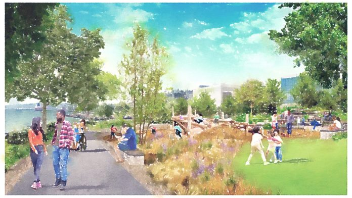 A watercolor depiction shows kids playing and couples walking on the waterfront trail.