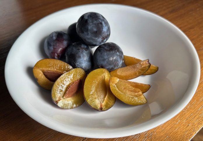 Plums - 4 Purple skin, yellow fruit plums in a white bowl.