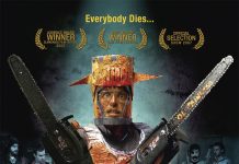 Murder Party Is an Urbanist Halloween Masterpiece Movie poster for Murder Party showing a man in glasses wearing knights armor costume made of cardboard and blood-soaked. He's holding two chainsaws across his chest and looks terrified. An assortment of people are behind him wearing costumes for a baseball player, vampire, robot, and cheerleader.