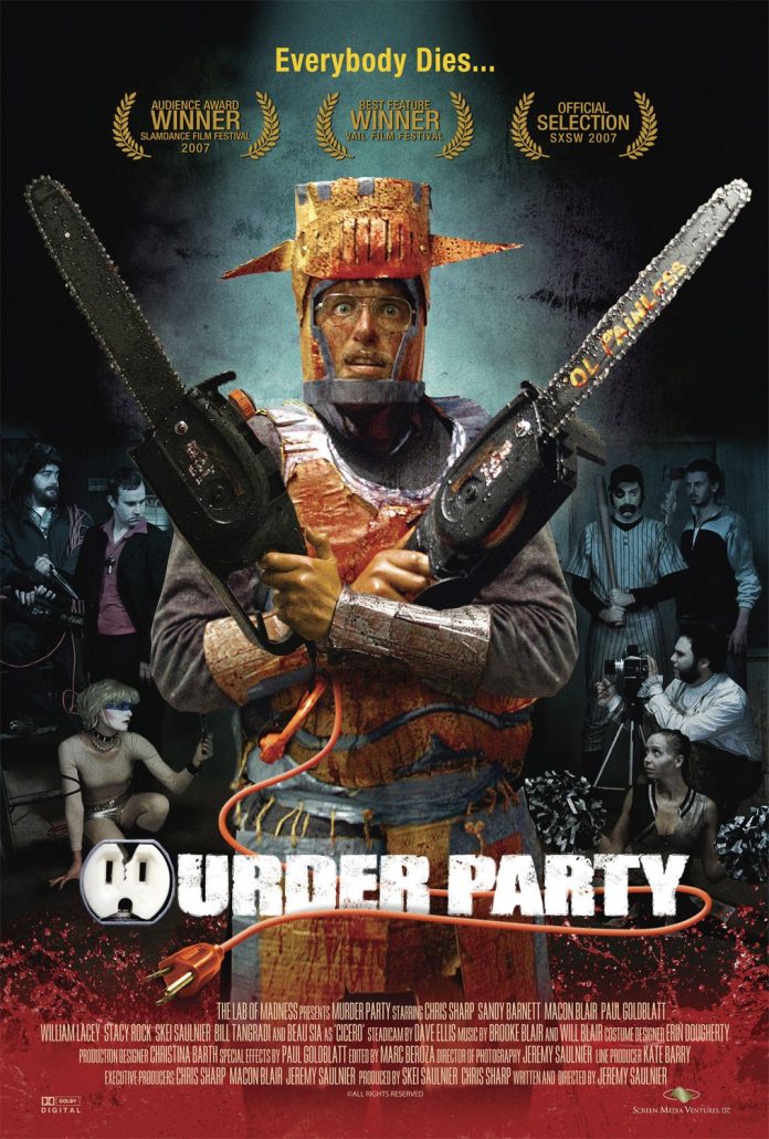 Murder Party Poster Movie poster for Murder Party showing a man in glasses wearing knights armor costume made of cardboard and blood-soaked. He's holding two chainsaws across his chest and looks terrified. An assortment of people are behind him wearing costumes for a baseball player, vampire, robot, and cheerleader.