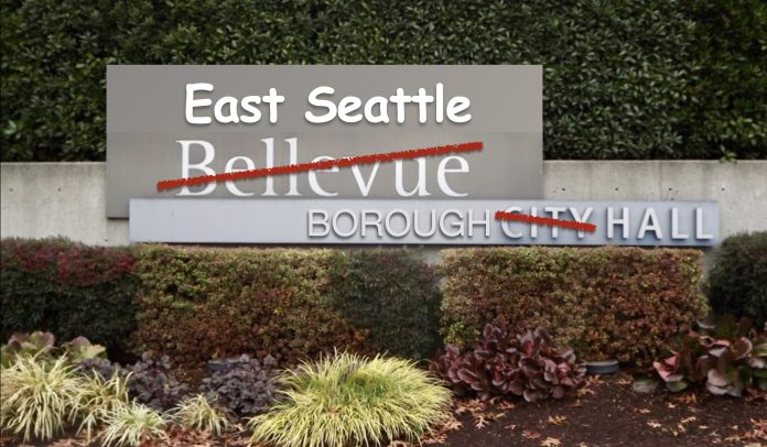 Amended Bellevue Sign Bellevue City Hall sign amended to reflect a new position as a borough of Seattle.
