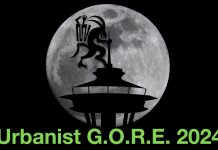 Urbanist G.O.R.E. 2024! A horned Krampus dances on the Space Needle in silhouette, with label Urbanist Gore 2024