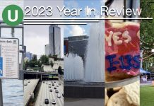 The Urbanist 2023: Articles You May Have Missed Combination banner of images including a pool, highway, fountain, cookies saying "yes on I-135" and par saying 2023 Year in Review
