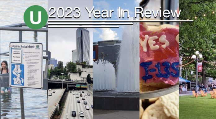 Combination banner of images including a pool, highway, fountain, cookies saying "yes on I-135" and par saying 2023 Year in Review