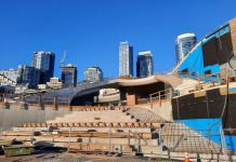 Seattle Waterfront Park Project Finally Enters Its Home Stretch Steps are taking shape even with the concrete not yet poured. The Seattle skyline peeks in the background.