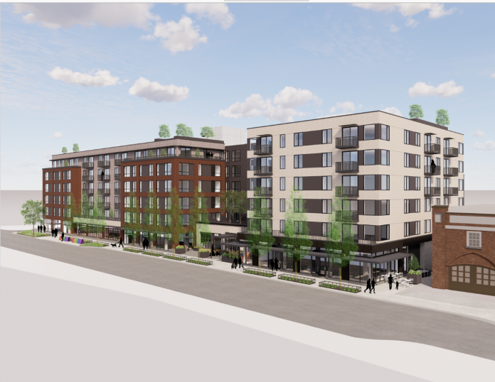 image-44 A six story apartment rendered with white siding on the corners and brick in the middle.