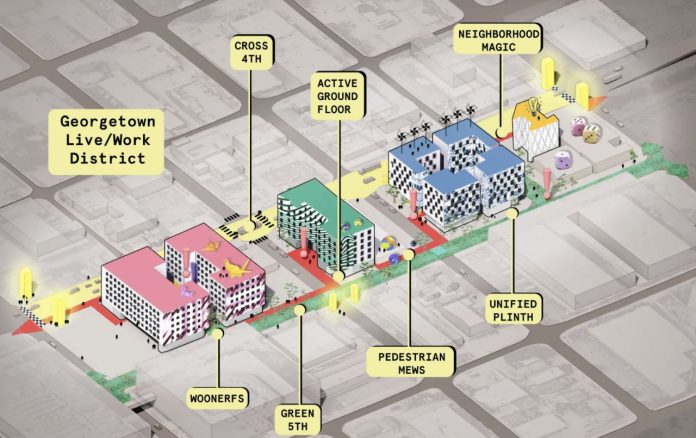 A architectural rendering shows midrise housing, ground floor makers spaces, pedestrian improvements, and a green street on 5th Avenue S.