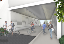 Trail Tunnel Added Back to 520 Lid Plans After WSDOT Reversal A rendering shows three people biking and three walking on the trail through the tunnel.