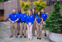 Op-Ed: Katie Wilson’s Civilian Safety Plan Would Unlock More Effective Police Department Seven CARE members wear logoed blue short sleeve shirts that are their official garb. These pose of the step of Seattle City Hall.