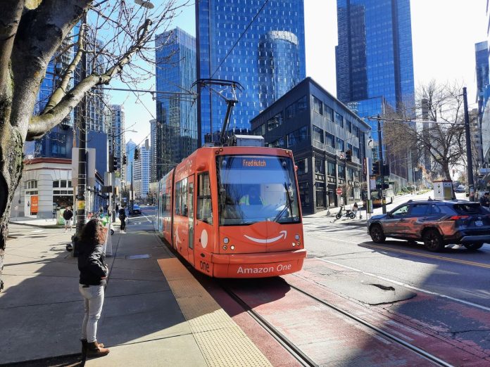 South Lake Union Streetcar on Westlake Avenue by Doug Trumm
