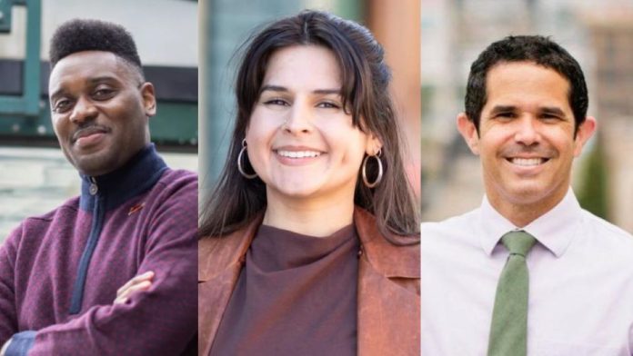 Top Urbanist candidates 2024 Rinck, Mello, Scott campaign photos Shaun Scott is young black man posed with crossed arms and wears a purple sweater. Alexis Mercedes Rinks is a Latina woman wearing hoop earrings. Ryan Mello is a white man in a shirt and tie.