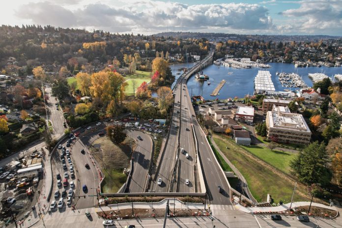 Portage bay A view over Montlake from a drone looking toward North Capitol Hill on a beautiful day
