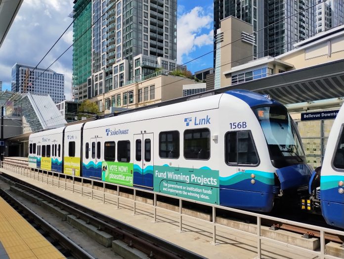 Link light rail train at Downtown Bellevue A 2 Line train at Downtown Bellevue Station on a sunny day