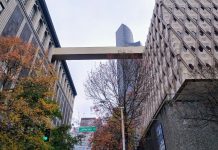 King County Council Gets On Board with Civic Campus Redevelopment A view up at the skybridge between the King County Admin Building and the King County Courthouse, with Columbia Tower in the background