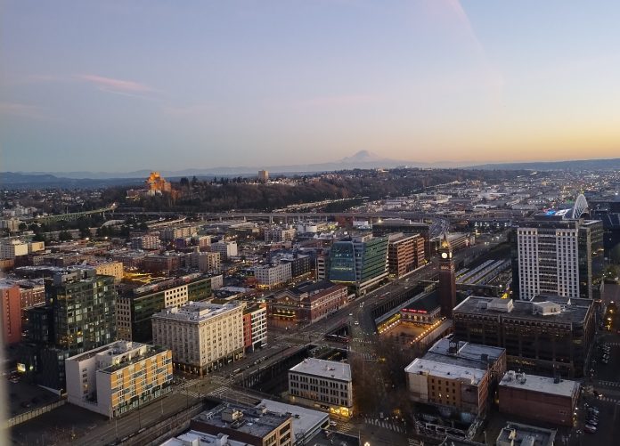 South Downtown and Beacon Hill A view from the Smith Tower at dusk looking toward Beacon Hill with Mount Rainier in the distance