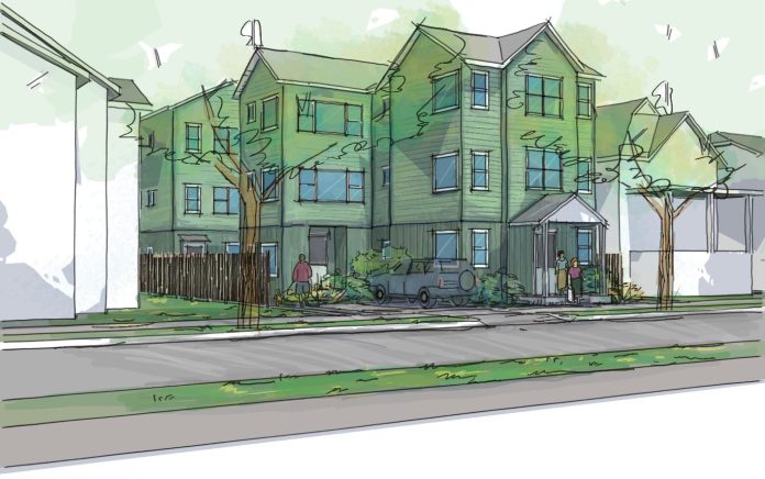 NR zones townhomes by City of Seattle A rendering shows detached three story townhome with parking and alleys on the bottom.