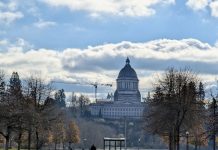Washington Legislature Toys with Age Verification for Big Tech The domed Olympia Capitol Building stands in the distance with a bus stop with a passenger waiting in the foreground. A dogwalker also mosey on the lawn.