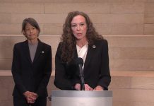Op-Ed: Ann Davison and the Republican Politics of Suing Donald Trump Davison is a white woman with curly hair in a dark blazer. She stands at a lectern in city hall with Sara Nelson behind her.