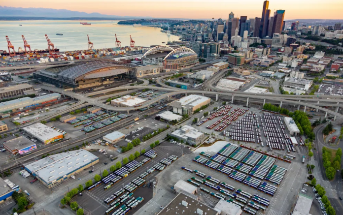 Aerial of stadiums and downtown Seattle