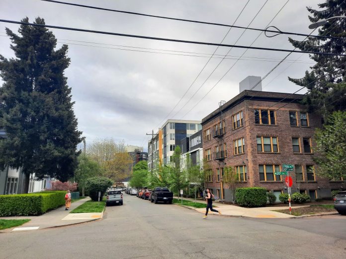 A jogger crosses an intersection with a large tree on the corner and a row of apartment buildings of various ages.