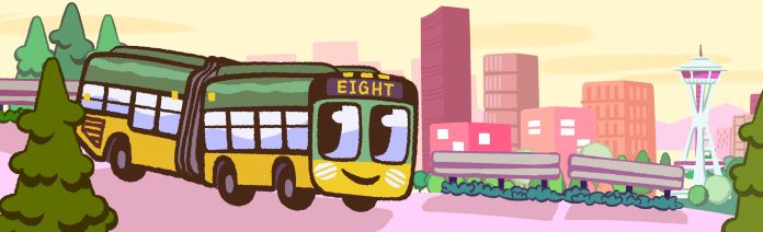 Copy of l8_scene A cartoon style illustration shows a smiling bus with EIGHT on the destination board and the skyline with Space Needle in the background.