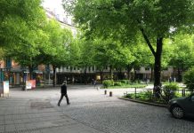 Op-Ed: Harrell’s Growth Plan Shorts Housing and Tree Canopy A quiet pedestrian street with a few people walking and plenty of tree canopy with a midrise residential building in the background.