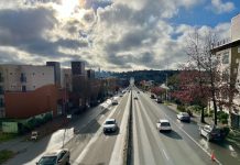 Aurora Avenue Bus Lanes to Turn 24/7 to Aid RapidRide E Riders Aurora Ave N from a pedestrian bridge near Fremont on a clear day, looking north