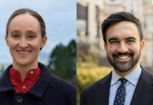 Op-Ed: Katie Wilson is the Zohran Mamdani of Seattle Side by side campaign photos of Katie Wilson a red button-up shirt with a navy sweater. To the right, Zohran wears a blue suit and a light blue shirt. He wears a beard and a smile.