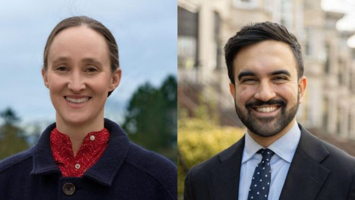 Side by side campaign photos of Katie Wilson a red button-up shirt with a navy sweater. To the right, Zohran wears a blue suit and a light blue shirt. He wears a beard and a smile.
