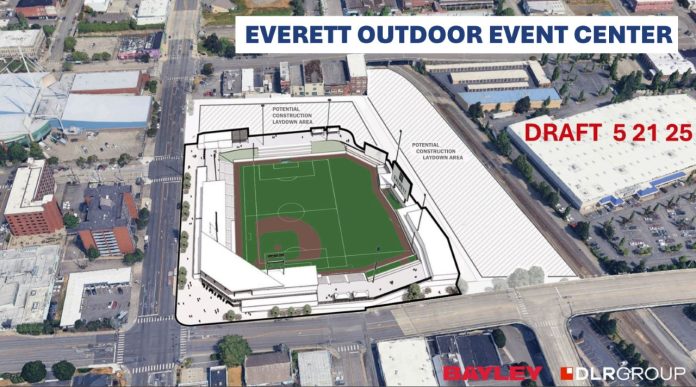 Everett Outdoor Events Center rendering 2025-07 DLR Group A diagram of the stadium proposal with surrounding buildings.