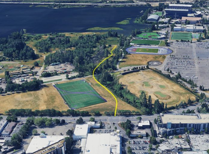 Aerial image of Union Bay Natural Trail via Green U District An aerial image shows a yellow line demarcating the trail route through the play fields to the nature area along Union Bay.