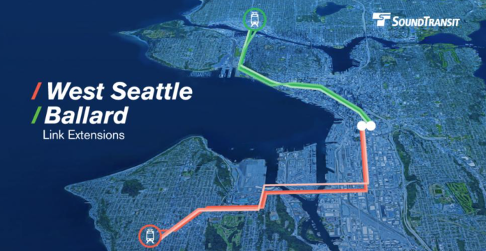A Sound Transit slide shows a map of Seattle with the West Seattle and Ballard lines indicated on it.