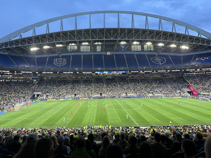 IMG_2854 Tens of thousands of soccer fans attend a Sounders FC match at Lumen Field. (Stephen Fesler)