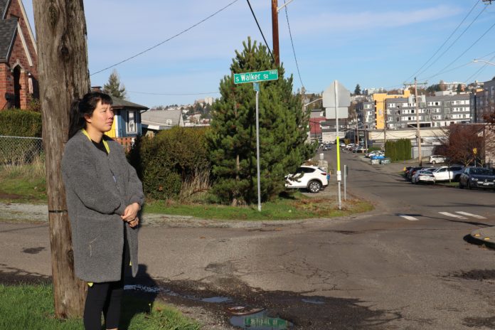 Dana Lee on 21st Avenue S corner Dana is an Asian woman with black hair wearing a gray coat. She stands on a sidewalk-less corner by a utility pole. In the distance are some large apartment complexes.