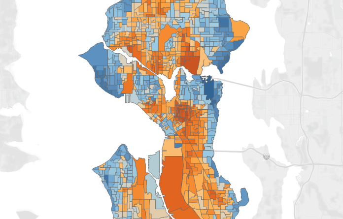 A color-coded precinct map of Seattle. Harrell precincts are in blue.