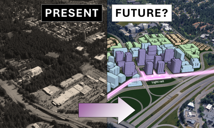 A before and after image shows Eastgate now (low-slung sprawl) and after an urban transformation with midrise and some highrise towers