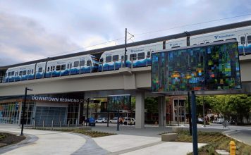 Olympia Seeks to Boost Sound Transit with Long Overdue Permit Reforms A 2 Line train sits at Sound Transit's elevated light rail station in Downtown Redmond.